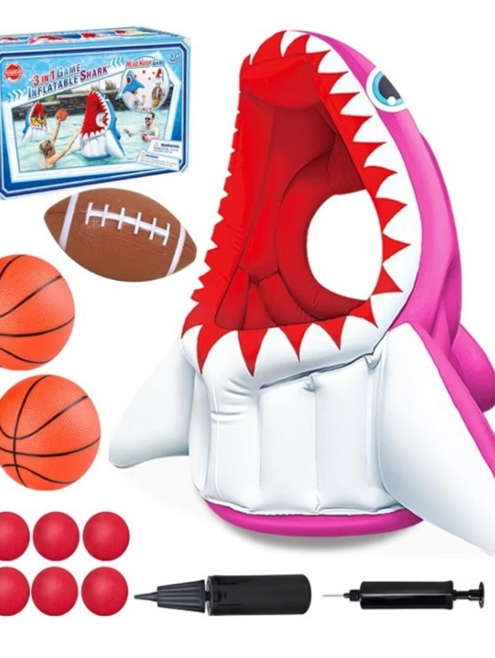 Inflatable Pink Shark Game Set for Kids - 3-in-1 Pool Toy